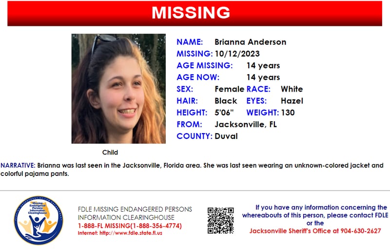 Brianna Anderson was reported missing from Jacksonville on Oct. 12, 2023.