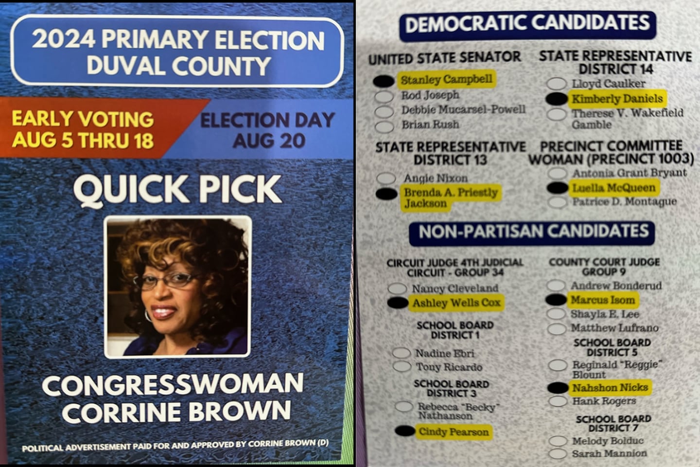 Real copy of Congresswoman Corrine Brown's 2024 Primary Election Quick Picks