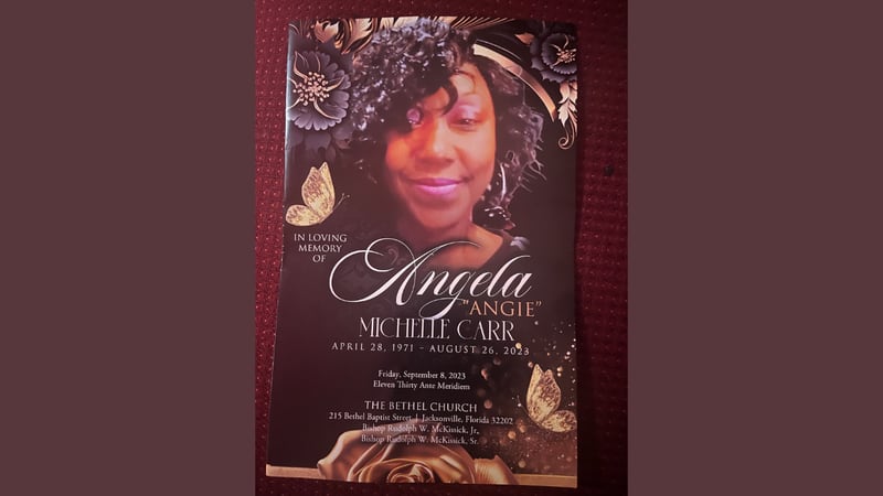 Funeral program for Angela Carr, one of the victims who was killed in a racially-motivated shooting at Dollar General in Jacksonville on Aug. 26.
