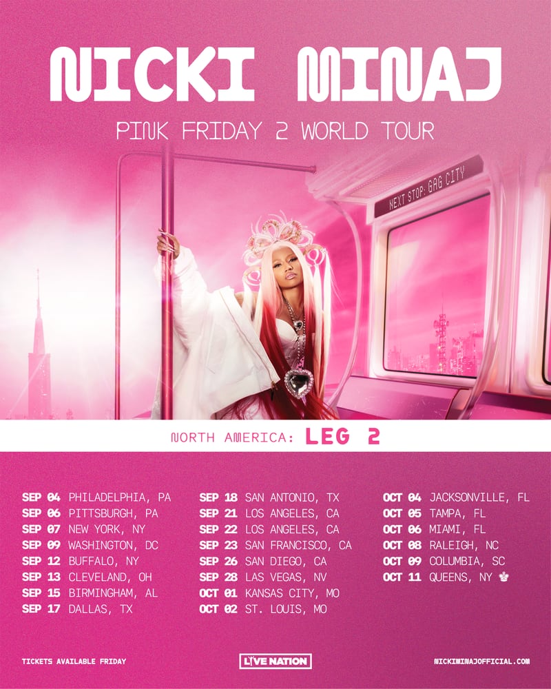 The second leg of Nicki Minaj's Pink Friday 2 World Tour will make stops in Jacksonville, Tampa, and Miami in October.