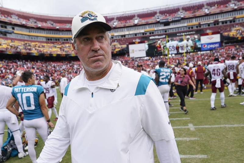 Jacksonville Jaguars head coach Doug Pederson walks off the field after the end of an NFL football game against the Washington Commanders, Sunday, Sept. 11, 2022, in Landover, Md. Washington won 28-22.