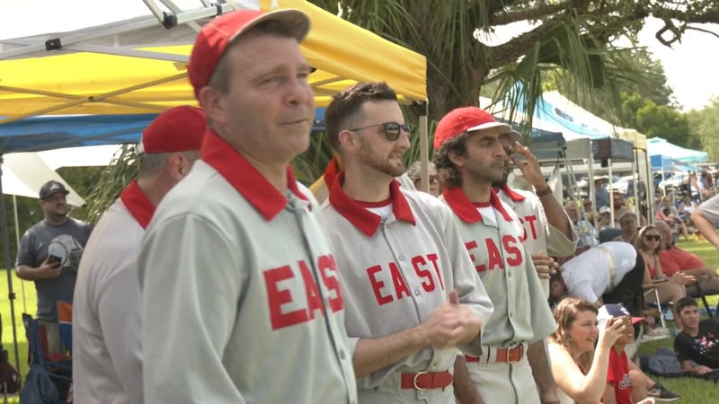 The Westside Giants faced off against the Eastside Reds in the July 4th annual 'Throwback Baseball Game."