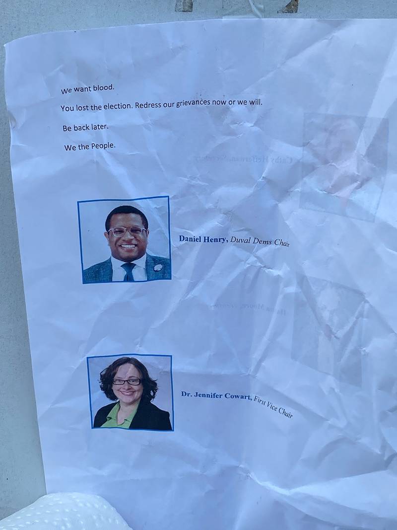 Threatening note taped to back door of Duval County Democratic Party headquarters in Jacksonville