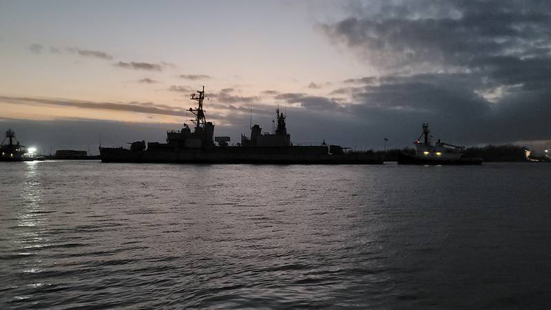 The USS Orleck Museum ship passes by Cameron, Louisiana on her way to the Gulf of Mexico.