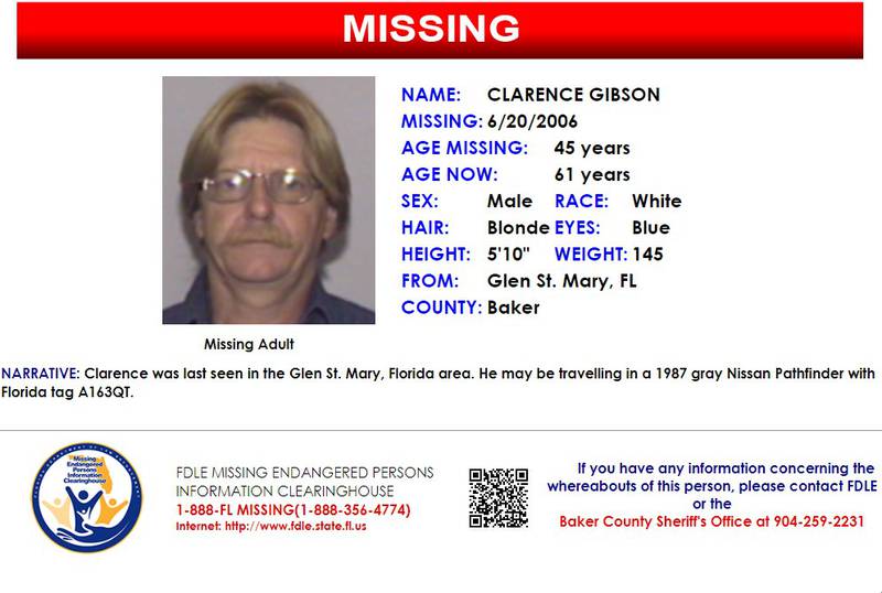 Clarence Gibson was reported missing from Glen St. Mary on June 20, 2006.