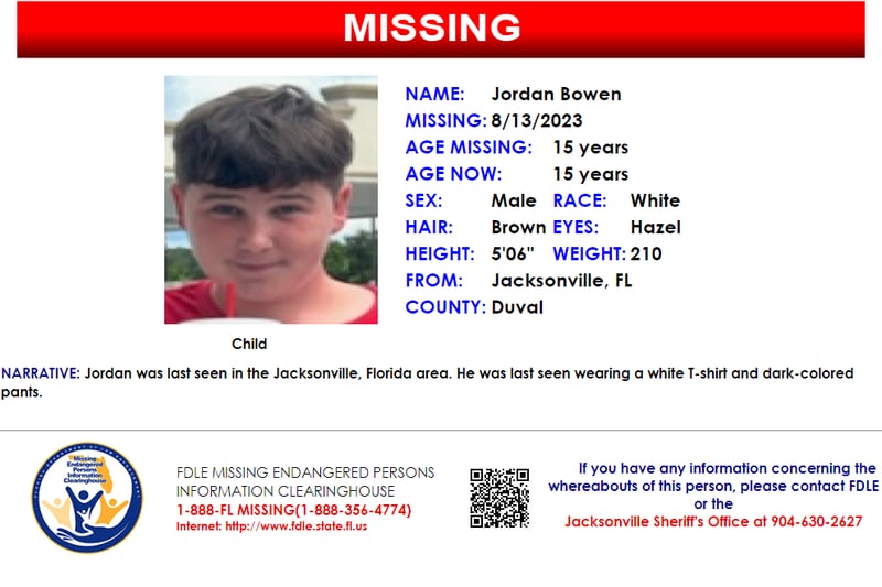 Jordan Bowen was reported missing from Jacksonville on Aug. 13, 2023.
