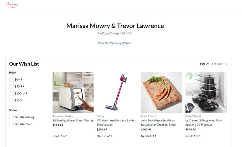 Marissa Mowry and Trevor Lawrence's wedding registry