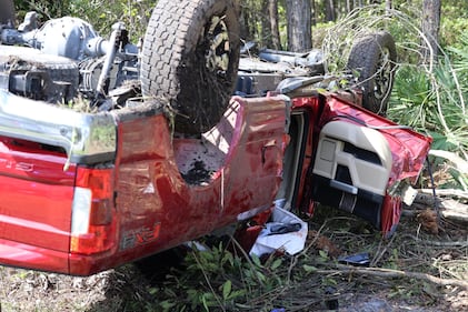 A suspect in a red truck who deputies say was pointing a gun at other cars on Interstate 95 southbound was taken to the hospital after crashing, the St. Johns County Sheriff’s Office said in a social post.