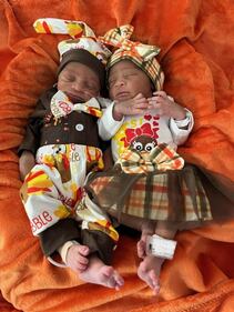 Fraternal twins Amir (boy) and Araya (girl) show their parents that they’re already ready to complement each other in their matching but uniquely different Thanksgiving outfits.