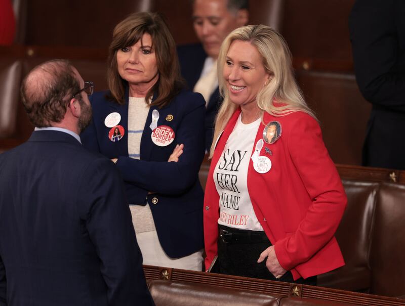 WASHINGTON, DC - MARCH 07: U.S. Rep. Marjorie Taylor Greene (R-GA) (R) and Rep. Diana Harshbarger (R-TN) attend President Joe Biden's State of the Union address during a joint meeting of Congress in the House chamber at the U.S. Capitol on March 07, 2024 in Washington, DC. This is Biden’s last State of the Union address before the general election this coming November. (Photo by Win McNamee/Getty Images)