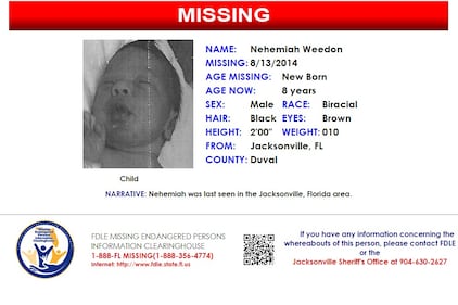 Nehemiah Weedon was reported missing from Jacksonville on Aug. 13, 2014.