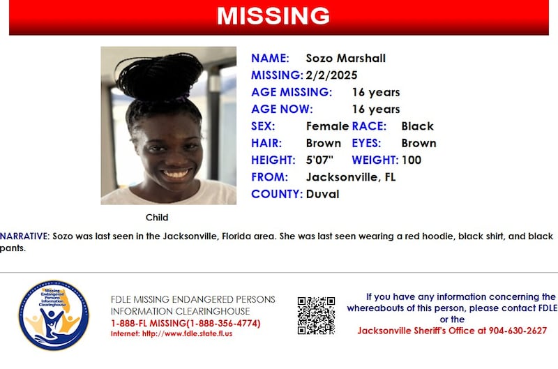 Sozo Marshall was reported missing from Jacksonville on Feb. 2, 2025.