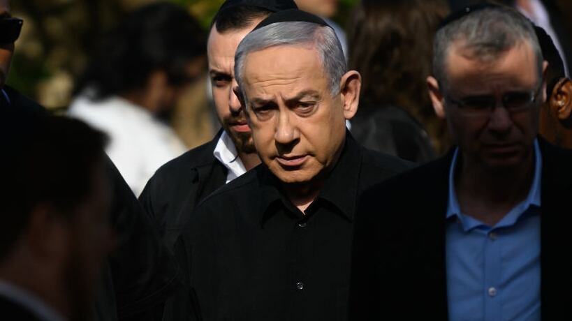 HERZLIYA, ISRAEL - DECEMBER 08: Prime Minister Benjamin Netanyhu attends the funeral for First Sergeant Major Gal Meir Eisenkot (aged 25) in the Herzliya cemetery on December 8, 2023 in Herzliya, Israel. The Israel Defense Forces said the 25-year-old major, son of the cabinet minister and former army chief Gadi Eisenkot, died on Thursday in Gaza. Over two months have passed since the Oct. 7 attacks by Hamas that sparked a retaliatory ground and air campaign by Israel in Gaza. (Photo by Alexi J. Rosenfeld/Getty Images)