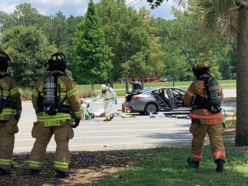 Troopers, deputies, fire rescue respond to mobile meth lab at the Florida Welcome Center on Interstate 95 southbound in Nassau County.