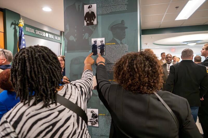 Family members of Sherman Byrd, the first African American Explosive Ordnance Disposal (EOD) Technician, attend the Pentagon EOD corridor exhibit unveiling in Arlington, Va., April 23, 2024.  The EOD Exhibit is the first and only exhibit of its kind in the Pentagon and represents the history, mission, culture, and tools of the Joint EOD Force. (U.S. Army photo by Christopher Kaufmann)