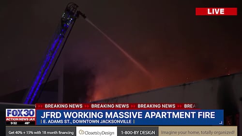 Jacksonville Fire and Rescue Department firefighters have been fighting a fire at the still-under-construction Rise Doro apartments in Downtown Jacksonville since Sunday night.