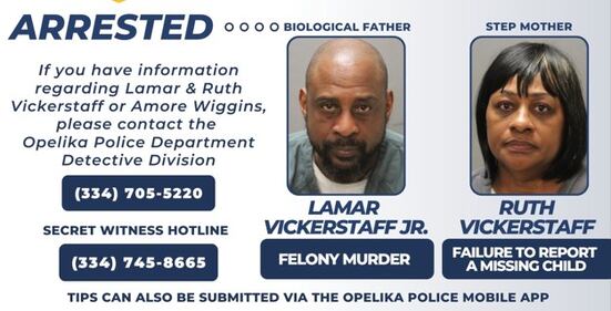 Lamar Vickerstaff, who is Amore Wiggins' biological father, is being charged with felony murder. Ruth Vickerstaff, who is Amore’s step-mother, is charged with failure to report a missing child. They were arrested in Jacksonville on Jan. 17, 2023.