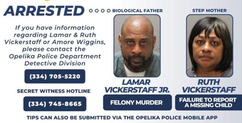 Lamar Vickerstaff, who is Amore Wiggins' biological father, is being charged with felony murder. Ruth Vickerstaff, who is Amore’s stepmother, is charged with failure to report a missing child. They were arrested in Jacksonville on Jan. 17, 2023.