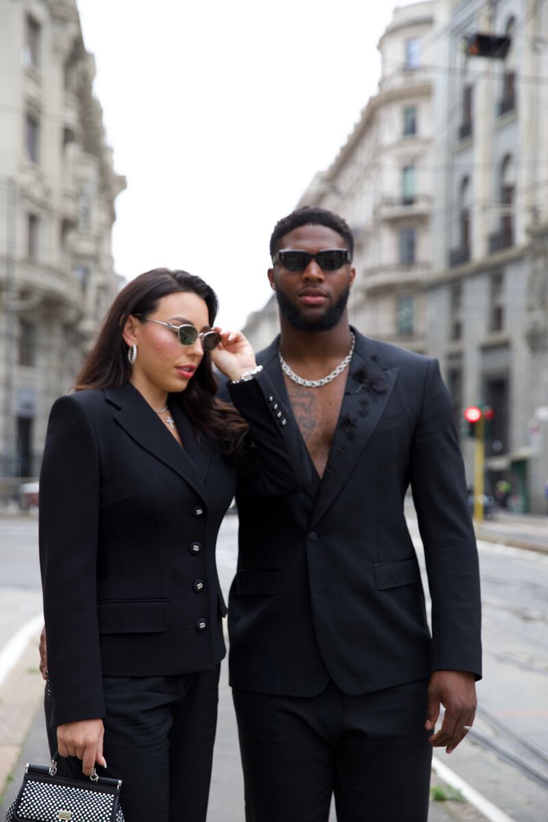 Jacksonville Jaguars’ linebacker Josh Allen and his wife, Kaitlyn, were invited to attend the Men’s Milan Fashion Week in Milan, Italy. Josh's clothing and accessories are Dolce & Gabbana, shoes are ZEGNA. Kaitlin's clothing and shoes Dolce & Gabbana, sunglasses are Loewe.