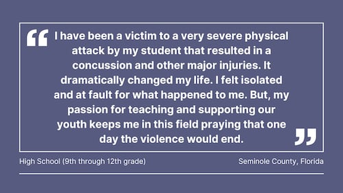 Cox Media Group gathered comments from teachers in Florida, Georgia, North Carolina, South Carolina, Ohio, Pennsylvania, Massachusetts, and Washington, about violence in the classroom.