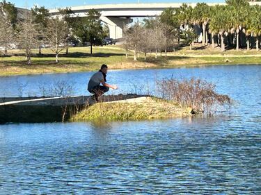 As soon as Kelly Brown's husband approached, the cat jumped into the retention pond.