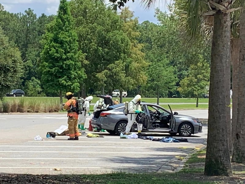 Troopers, deputies, fire rescue respond to mobile meth lab at the Florida Welcome Center on Interstate 95 southbound in Nassau County.