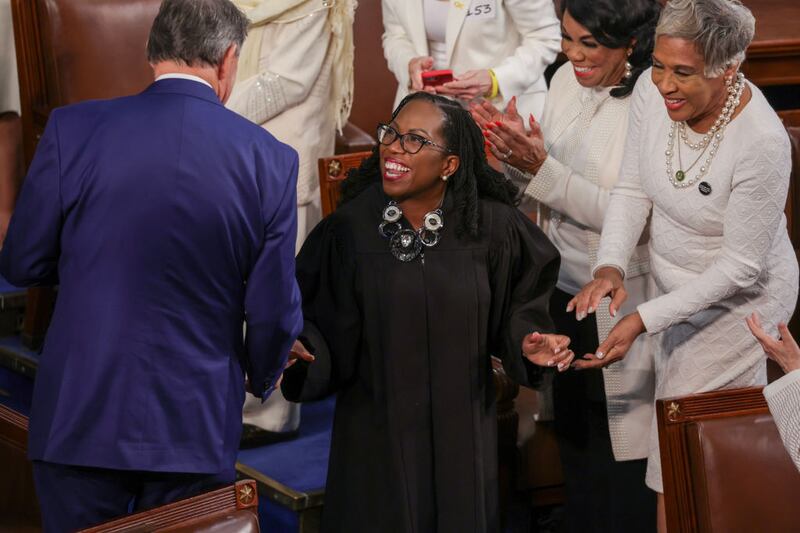 WASHINGTON, DC - MARCH 07: Associate Supreme Court Justice  Ketanji Brown Jackson President arrives for Joe Biden's State of the Union address during a joint meeting of Congress in the House chamber at the U.S. Capitol on March 07, 2024 in Washington, DC. This is Biden’s last State of the Union address before the general election this coming November. (Photo by Alex Wong/Getty Images)