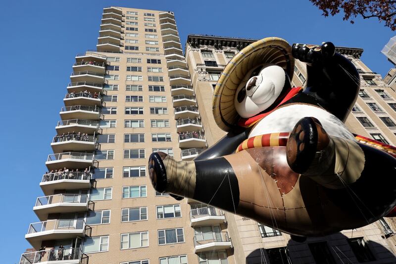 NEW YORK, NEW YORK - NOVEMBER 23: The Kung Fu Panda's Po balloon heads down the parade route during the Macy's Thanksgiving Day Parade on November 23, 2023 in New York City. (Photo by Michael Loccisano/Getty Images)