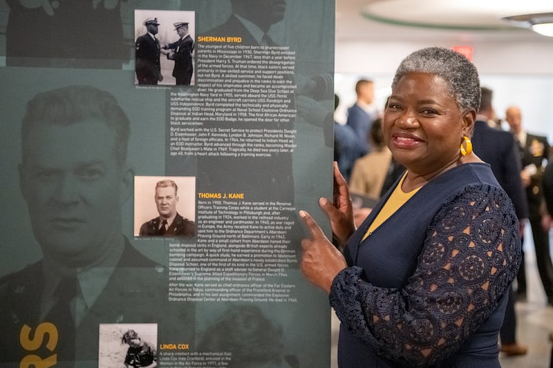 Family members of Sherman Byrd, the first African American Explosive Ordnance Disposal (EOD) Technician, attend the Pentagon EOD corridor exhibit unveiling in Arlington, Va., April 23, 2024.  The EOD Exhibit is the first and only exhibit of its kind in the Pentagon and represents the history, mission, culture, and tools of the Joint EOD Force. (U.S. Army photo by Christopher Kaufmann)