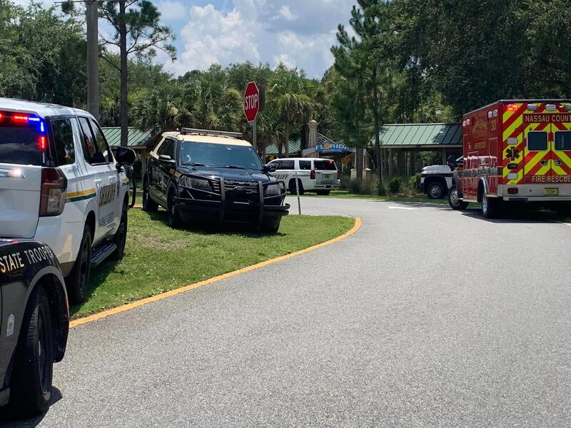 Troopers, deputies, fire rescue respond to mobile meth lab at the Florida Welcome Center on Interstate 95 southbound in Nassau County.