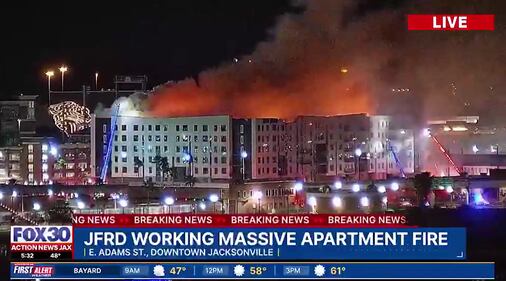 Jacksonville Fire and Rescue Department firefighters have been fighting a fire at the still-under-construction Rise Doro apartments in Downtown Jacksonville since Sunday night.