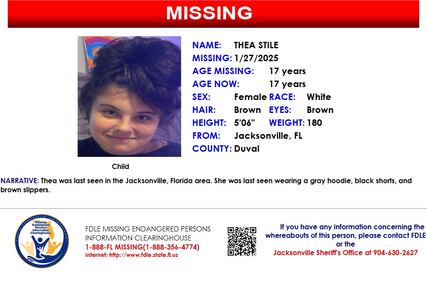 Thea Stile was reported missing from Jacksonville on Jan. 27, 2025.