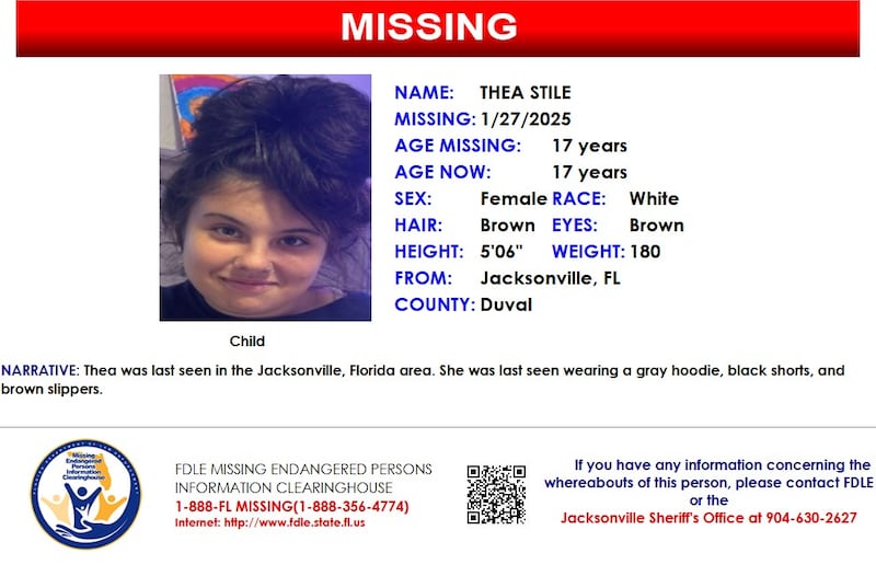 Thea Stile was reported missing from Jacksonville on Jan. 27, 2025.