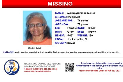 Maria Martinez Masso was reported missing from Jacksonville on Aug. 24, 2021.