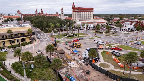 Aerial imagery of the site where SEARCH archaeologists discovered an 19th-century ship beneath a road in St. Augustine, Florida. The building closest to the site marks the former shoreline.