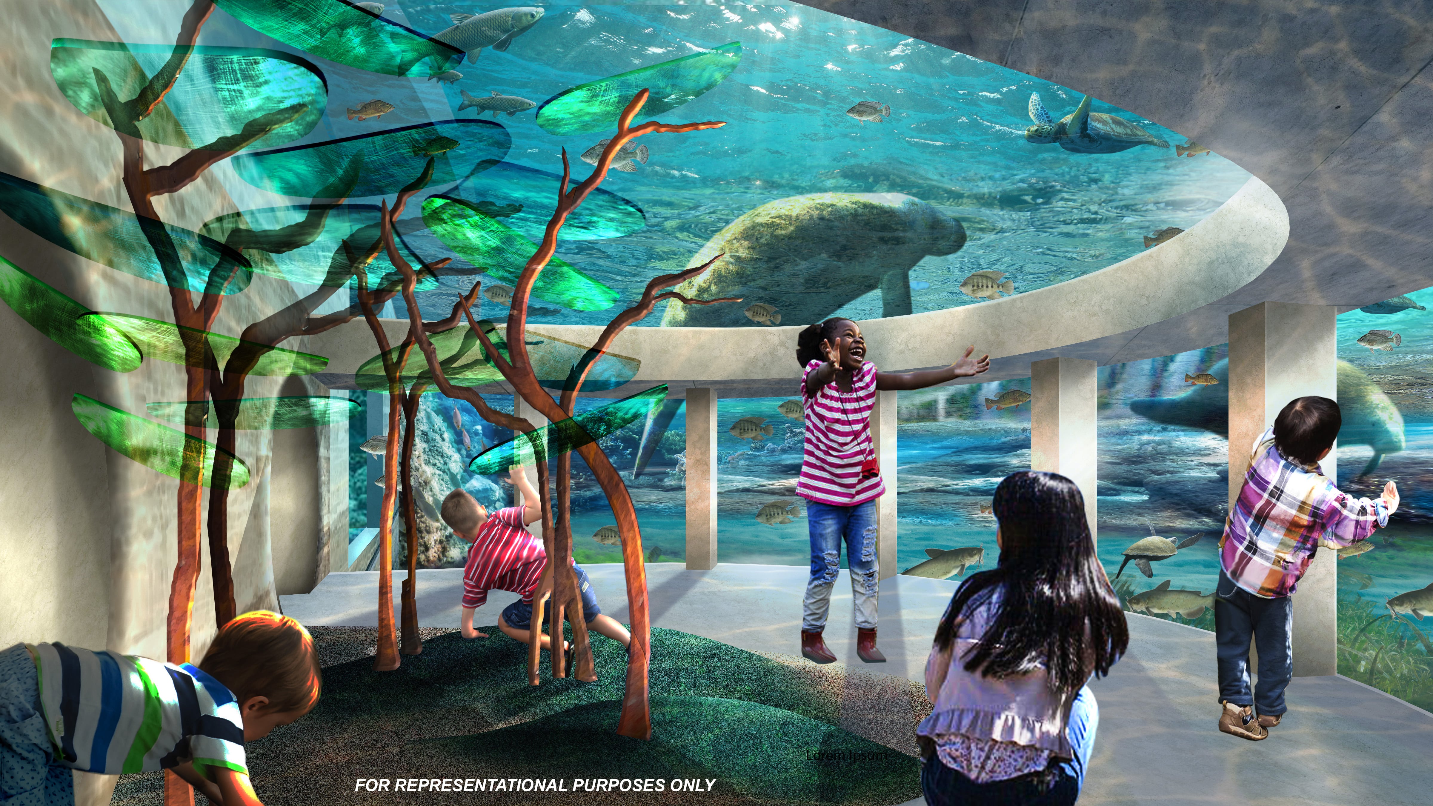 The habitat is a replication of a free-flowing spring fed Florida river to include all species of fish, reptiles, birds along with manatees found in our wild clear rivers.