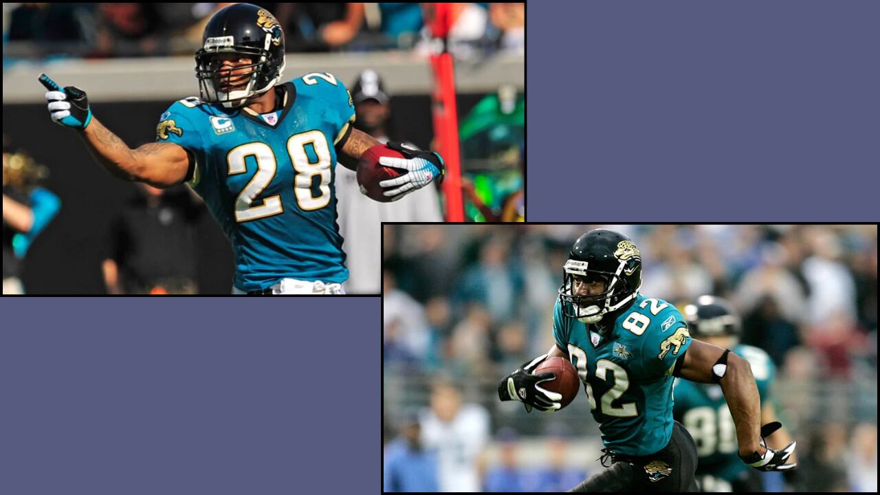 Jacksonville Jaguars legends Fred Taylor (left) and Jimmy Smith during their playing days.