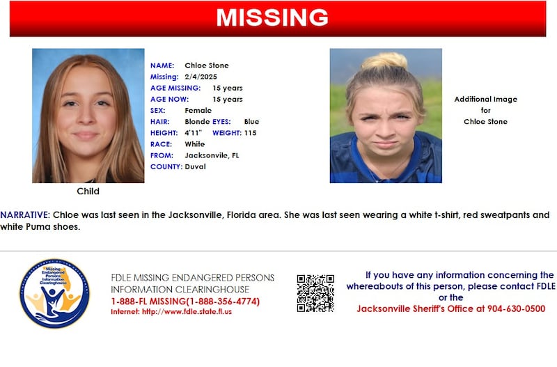 Chloe Stone was reported missing from Jacksonville on Feb. 4, 2025.