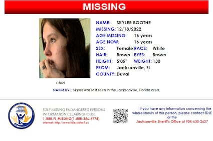 Skyler Boothe was reported missing from Jacksonville on Dec. 18, 2022.