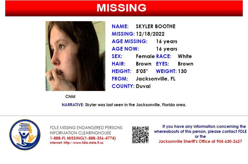 Skyler Boothe was reported missing from Jacksonville on Dec. 18, 2022.