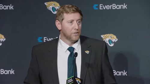 New Jaguars Head Coach Liam Coen meets with media on Jan. 27, 2025.