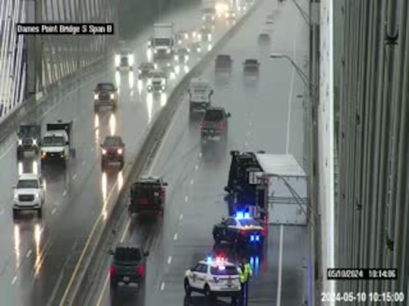 On the I-295 East Beltway, two lanes of the Dames Point Bridge northbound were blocked due to a truck on its side.