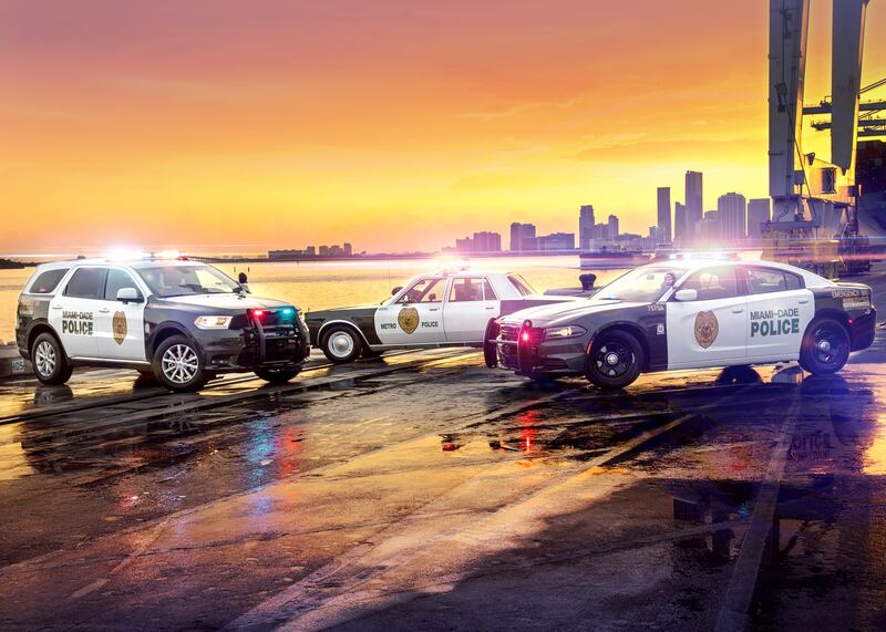 Miami-Dade Police Department's clean and minimal graphics look, with throwback car to match.