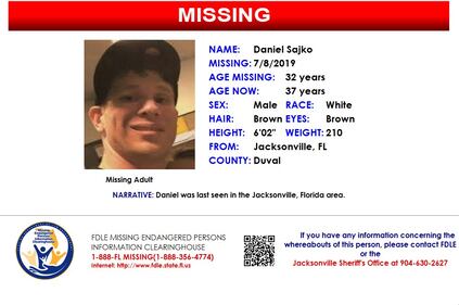 Daniel Sajko was reported missing from Jacksonville on July 8, 2019.