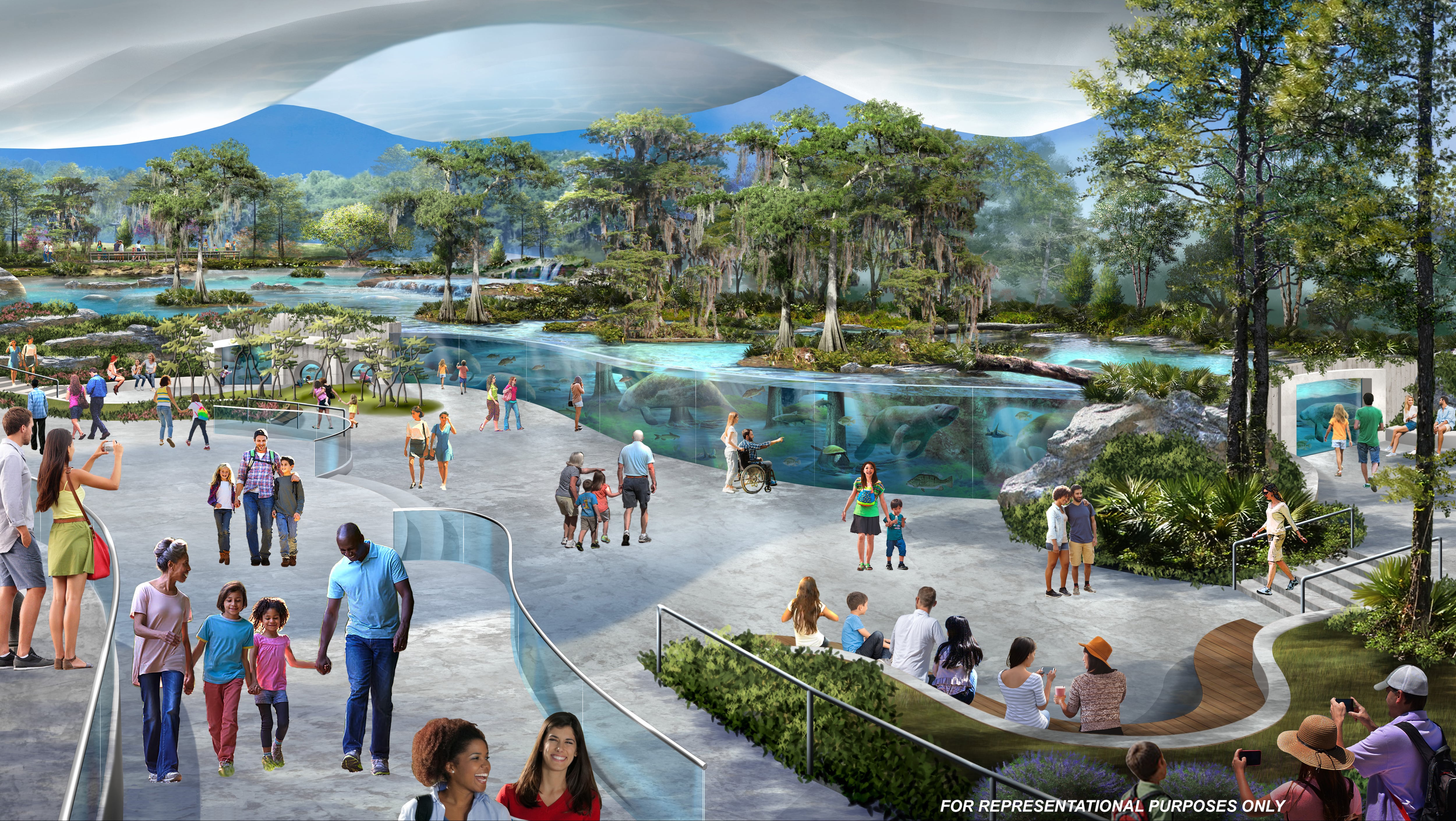 The habitat is a replication of a free-flowing spring fed Florida river to include all species of fish, reptiles, birds along with manatees found in our wild clear rivers.