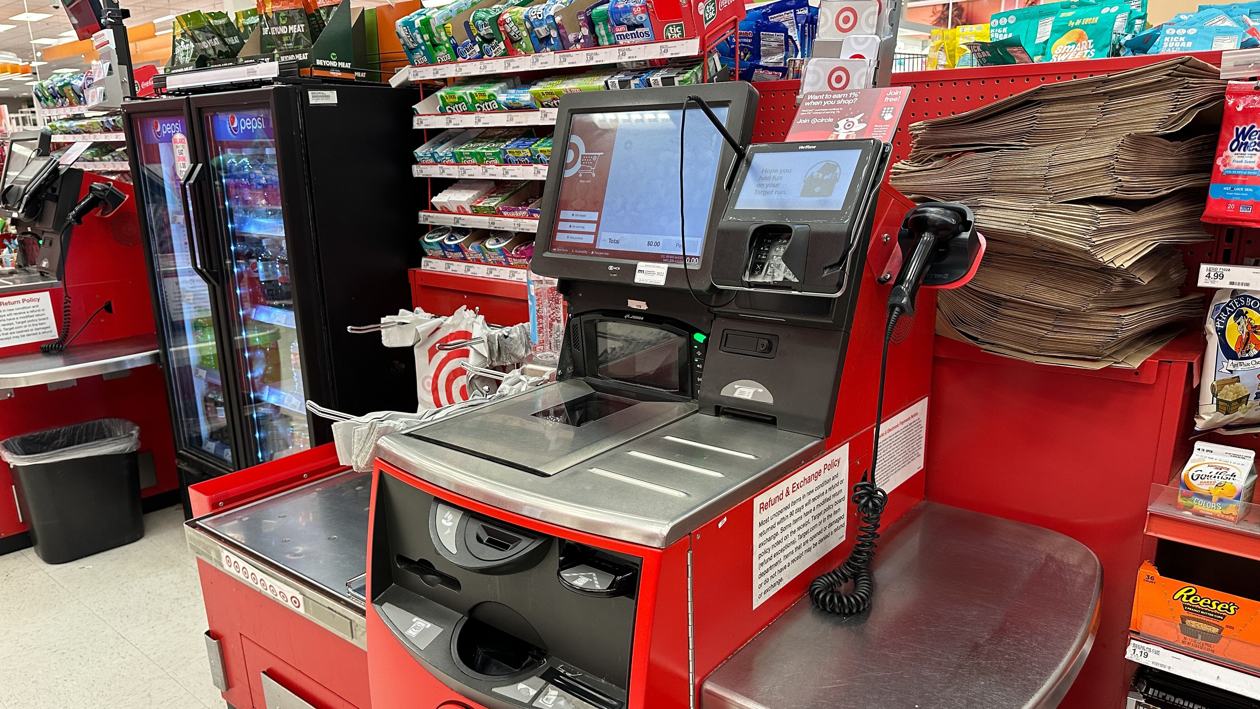 A self-checkout station machine at a Target store