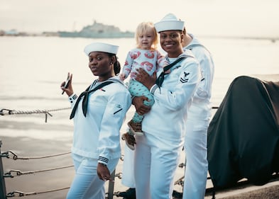 These sailors pose for the camera before they deploy to the Mediterranean Sea on Friday.