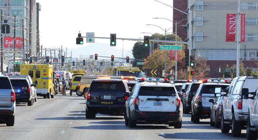 LAS VEGAS, NEVADA - DECEMBER 06: Emergency responder vehicles line Maryland Parkway on the east side of the UNLV campus after a shooting on December 06, 2023 in Las Vegas, Nevada. According to Las Vegas Metro Police, a suspect is dead and multiple victims are reported after a shooting on the campus. (Photo by Ethan Miller/Getty Images)