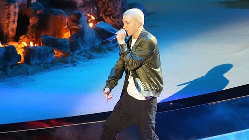 LOS ANGELES, CA - APRIL 13: Rapper Eminem performs onstage at the 2014 MTV Movie Awards at Nokia Theatre L.A. Live on April 13, 2014 in Los Angeles, California. (Photo by Frederick M. Brown/Getty Images)