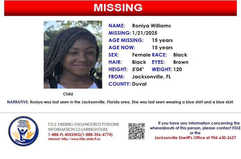 Roniya Williams was reported missing from Jacksonville on Jan. 21, 2025.